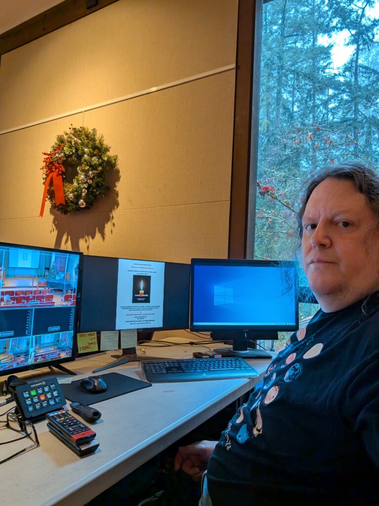 Me, at the controls of the video system at West Hills Unitarian Universalist Fellowship 